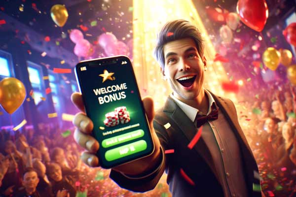 Un jugador feliz sostiene un smartphone que muestra una notificación de BONO DE BIENVENIDA en una aplicación de casino online, rodeado de confeti y globos.
