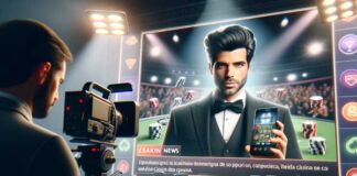 Un famoso graba un anuncio televisivo de casinos online en España, sosteniendo un smartphone con una aplicación de casino visible.