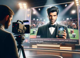 Un famoso graba un anuncio televisivo de casinos online en España, sosteniendo un smartphone con una aplicación de casino visible.
